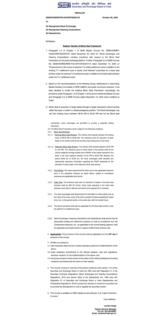 SEBI Block Deal Framework