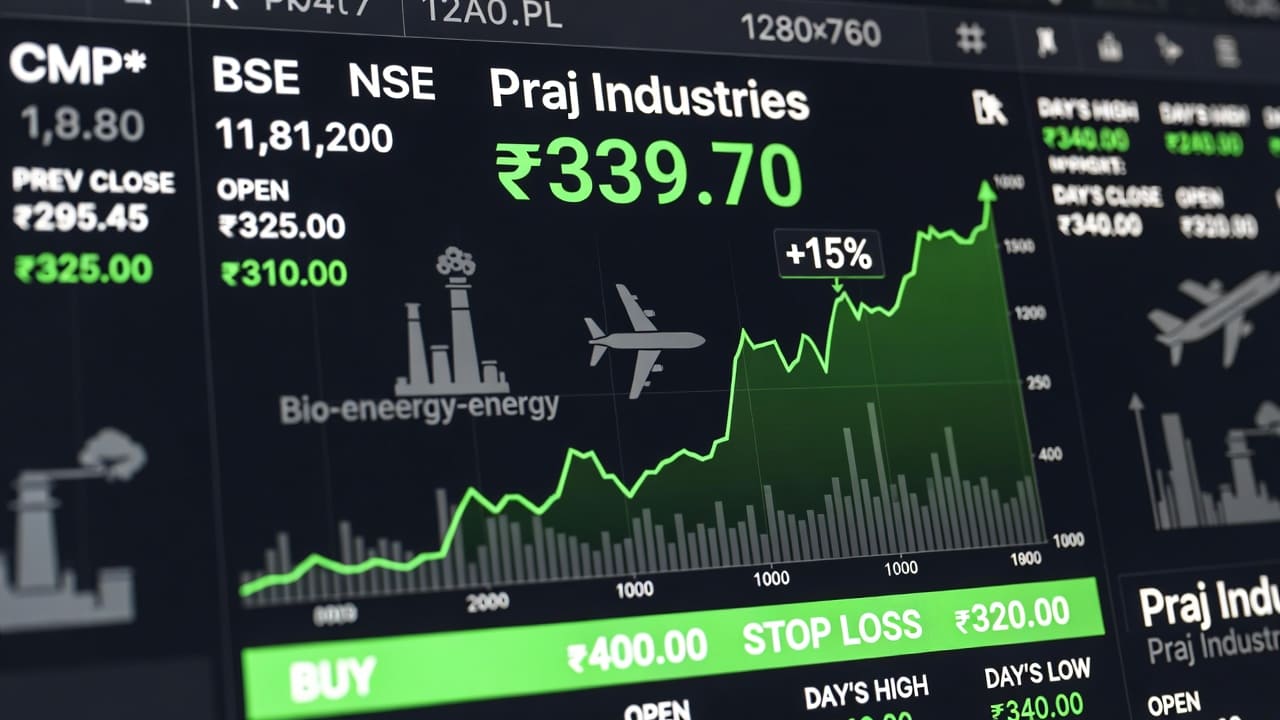 Praj Industries share price today showing 15% jump on stock market chart with green upward arrow